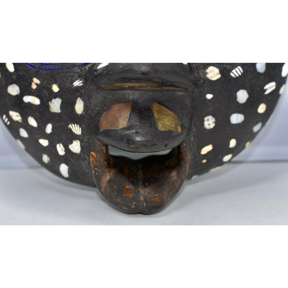 African Baluba Wood Brass Beaded Mask Luba Handmade Ceremonial Bantu Art - Picture 7 of 13